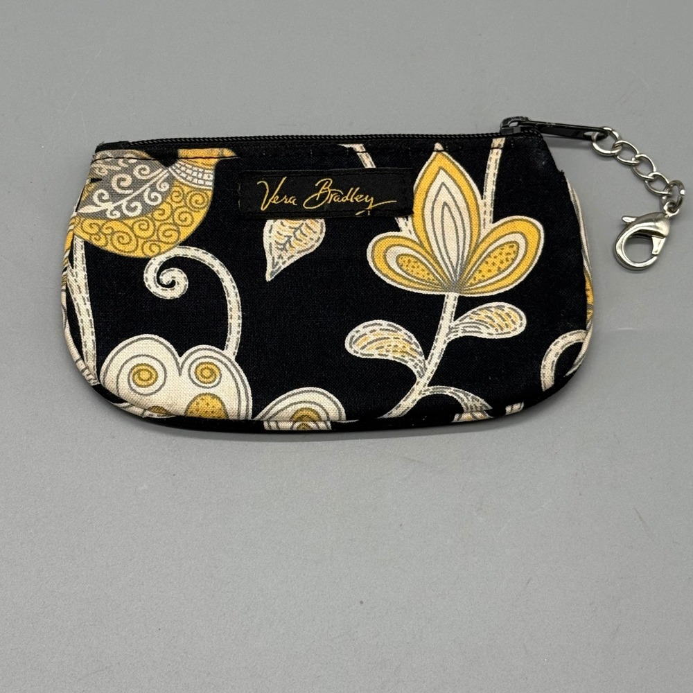 Vera Bradley Night and Day ID Case Keychain Wallet Black Yellow‎ Floral Pouch
